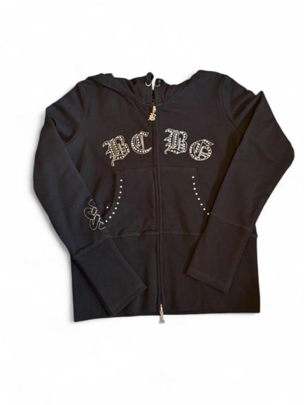BCBGMaxAzria Black Rhinestone Logo Zip Hoodie, NWT
